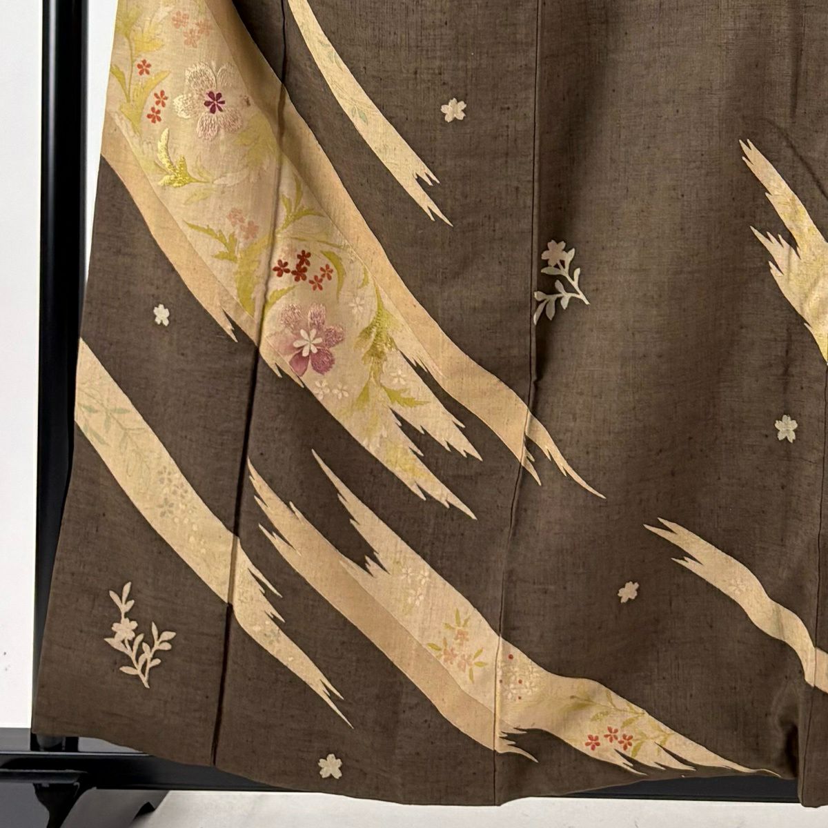 訪問服 身長159.5cm 袖長62cm S 雙層 紬織織 草花紋紋 霞 金糸刺繡 焦茶 純蠶絲 秀品級