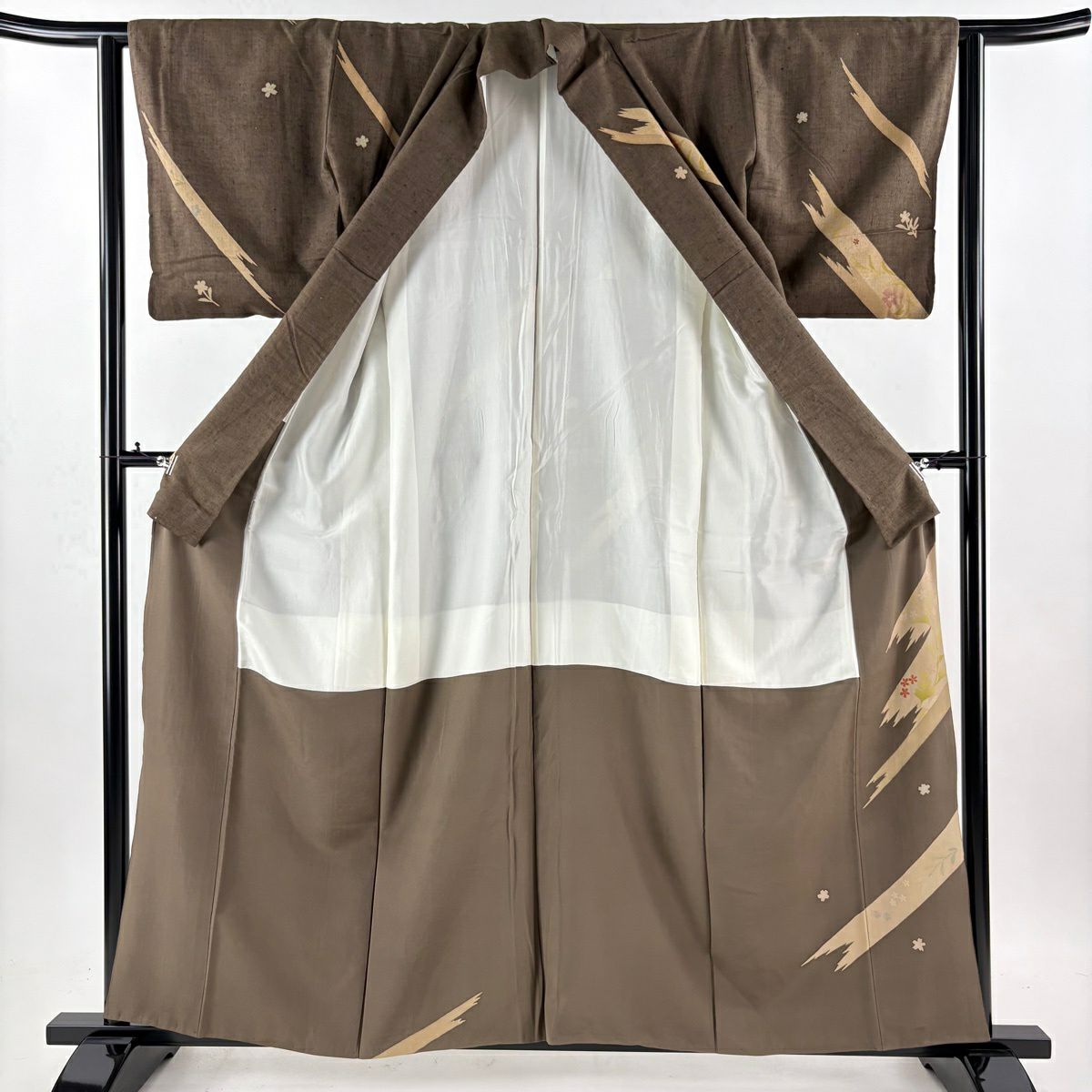 訪問服 身長159.5cm 袖長62cm S 雙層 紬織織 草花紋紋 霞 金糸刺繡 焦茶 純蠶絲 秀品級