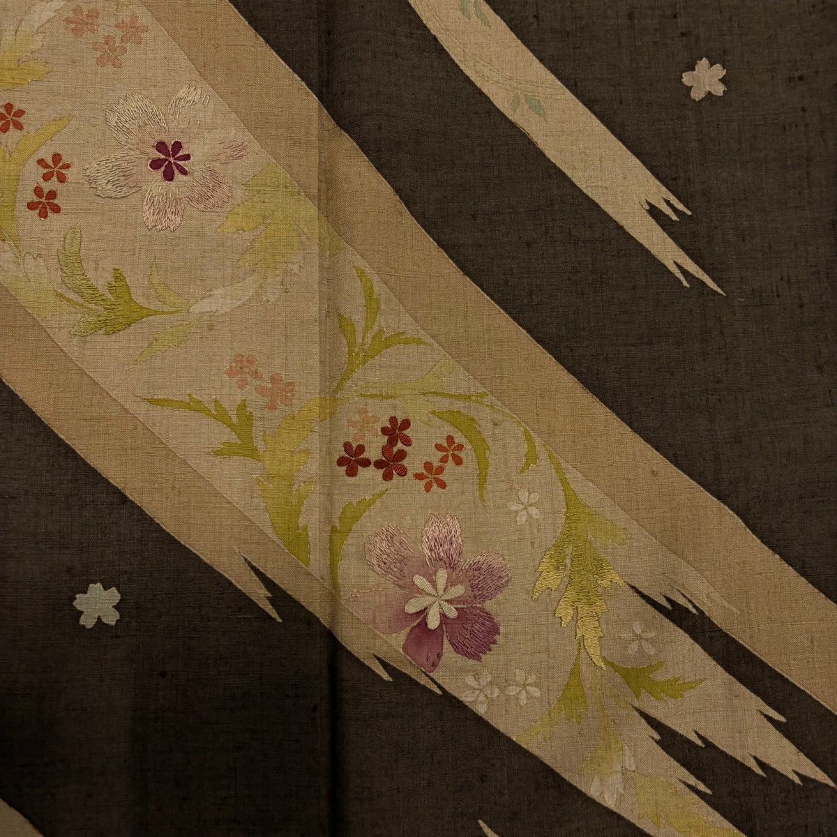 訪問服 身長159.5cm 袖長62cm S 雙層 紬織織 草花紋紋 霞 金糸刺繡 焦茶 純蠶絲 秀品級