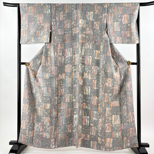 【美品】 小紋 身長161.5cm 袖長65cm M 雙層 變化市松樹 樹木 灰 純蠶絲 優品級