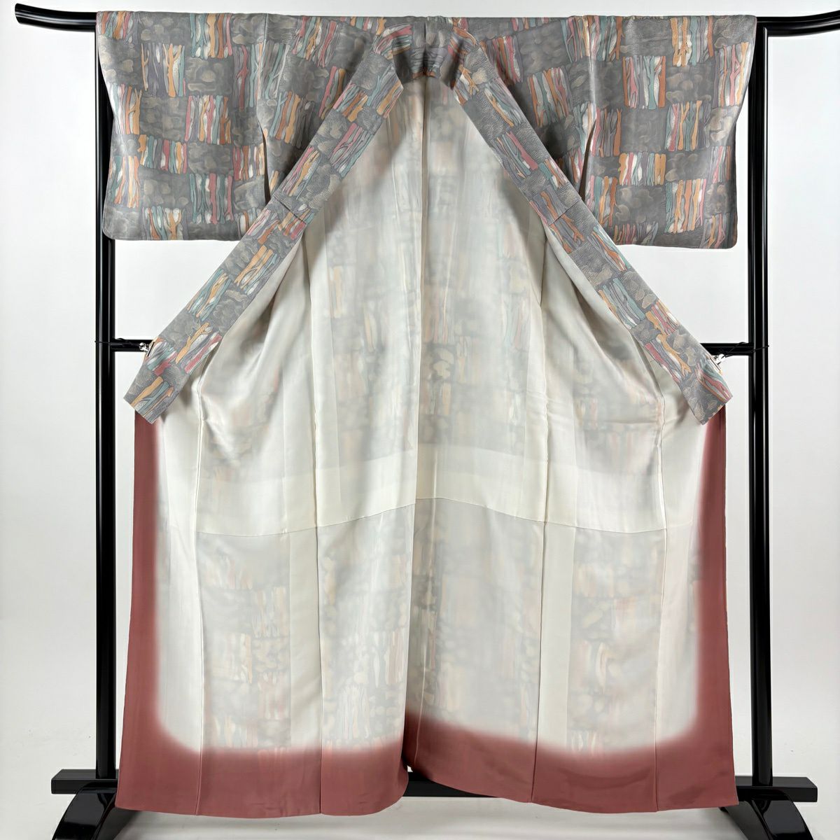 【美品】 小紋 身長161.5cm 袖長65cm M 雙層 變化市松樹 樹木 灰 純蠶絲 優品級