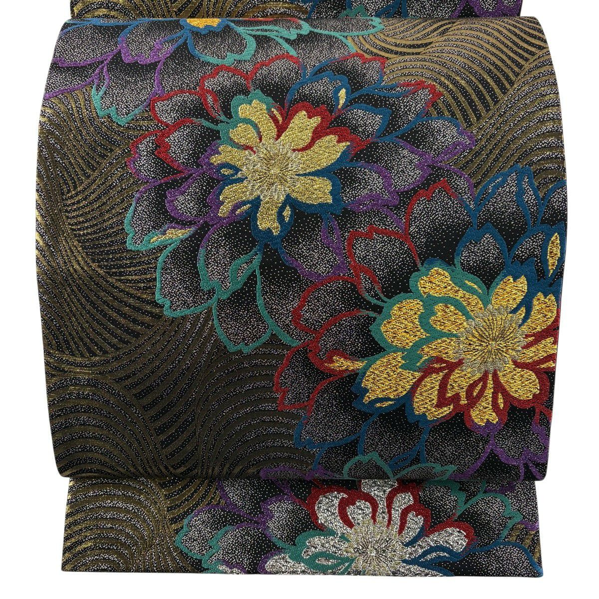 【美品】 袋帶 秀品級 花 波 金金箔 唐織 黑 六通 純蠶絲