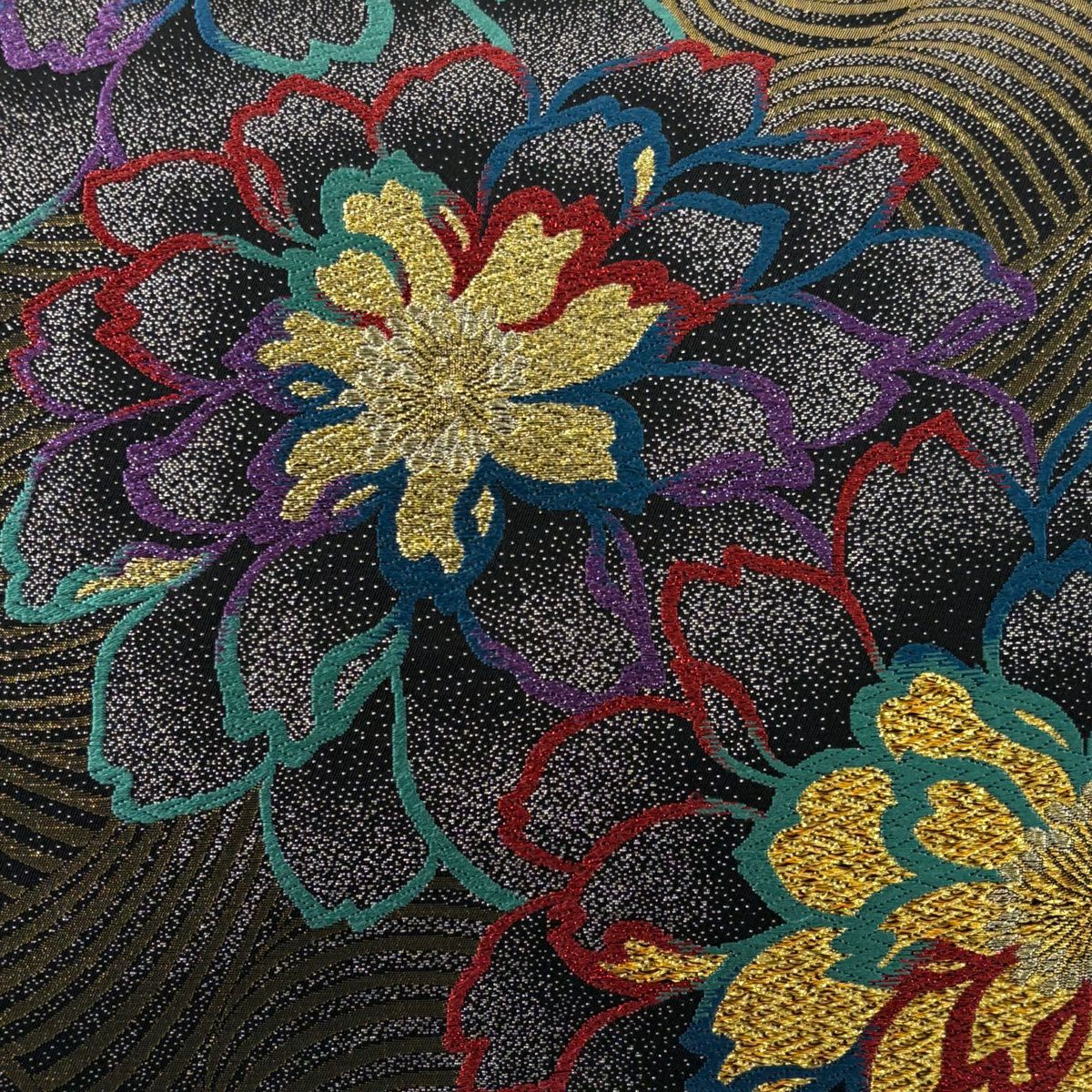 【美品】 袋帶 秀品級 花 波 金金箔 唐織 黑 六通 純蠶絲