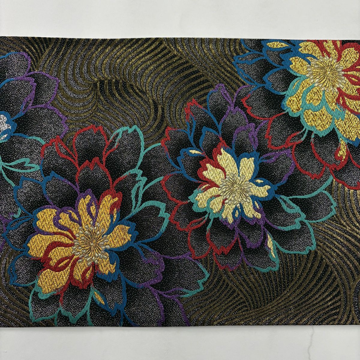 【美品】 袋帶 秀品級 花 波 金金箔 唐織 黑 六通 純蠶絲