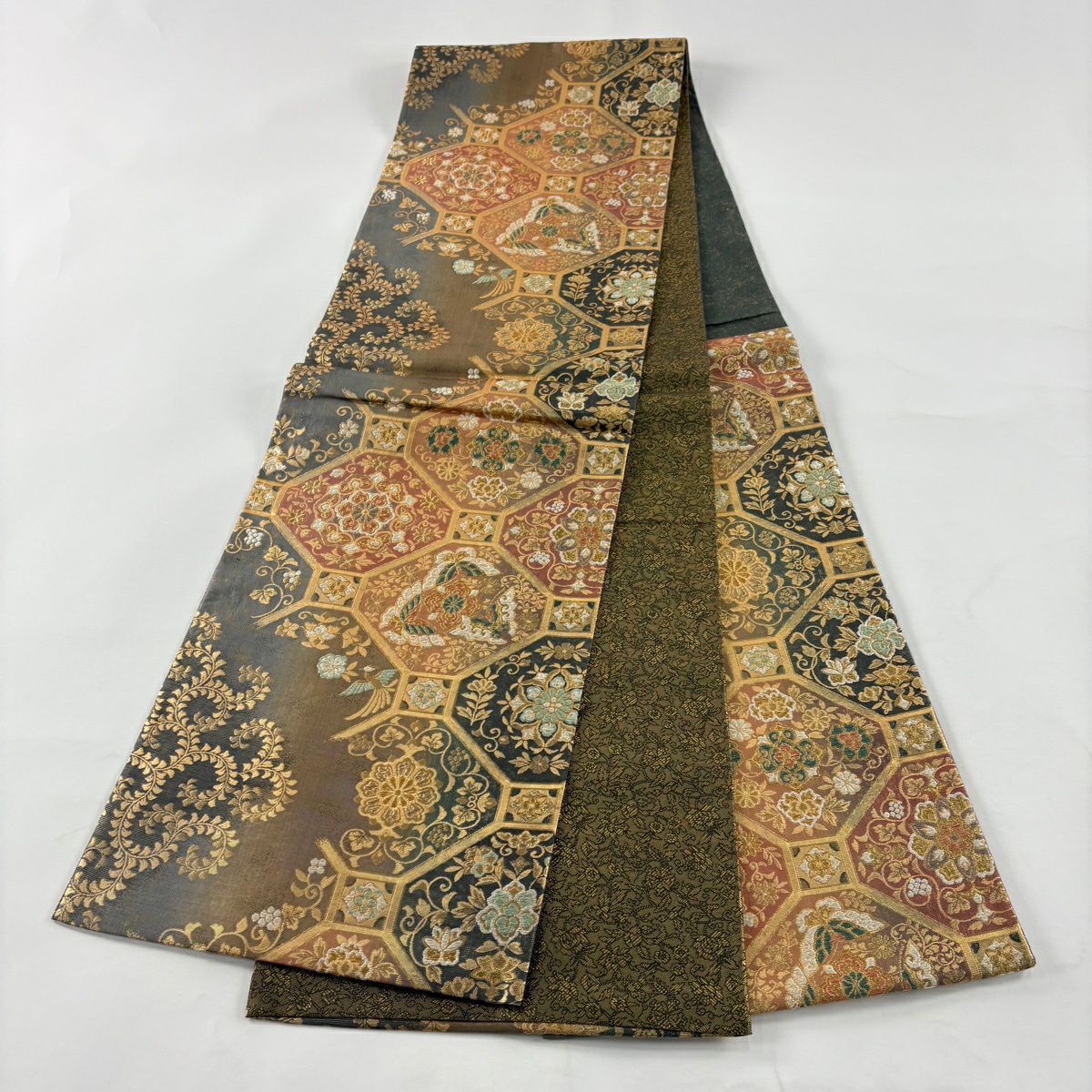 【美品】 袋帶 秀品級 蜀江華紋 蝶 金金箔 金絲 金 六通 純蠶絲