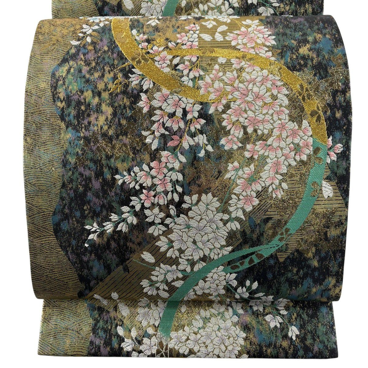 【美品】 袋帶 秀品級 夢優花 幾何學 刺繡 金金箔 深綠 六通 純蠶絲