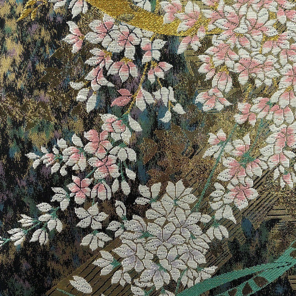 【美品】 袋帶 秀品級 夢優花 幾何學 刺繡 金金箔 深綠 六通 純蠶絲