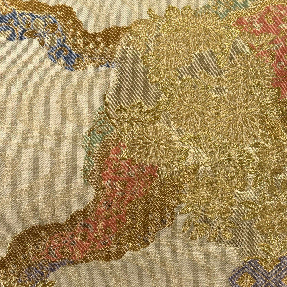 【美品】 袋帶 秀品級 菊花 道長取 金金箔 金絲 金 六通 純蠶絲