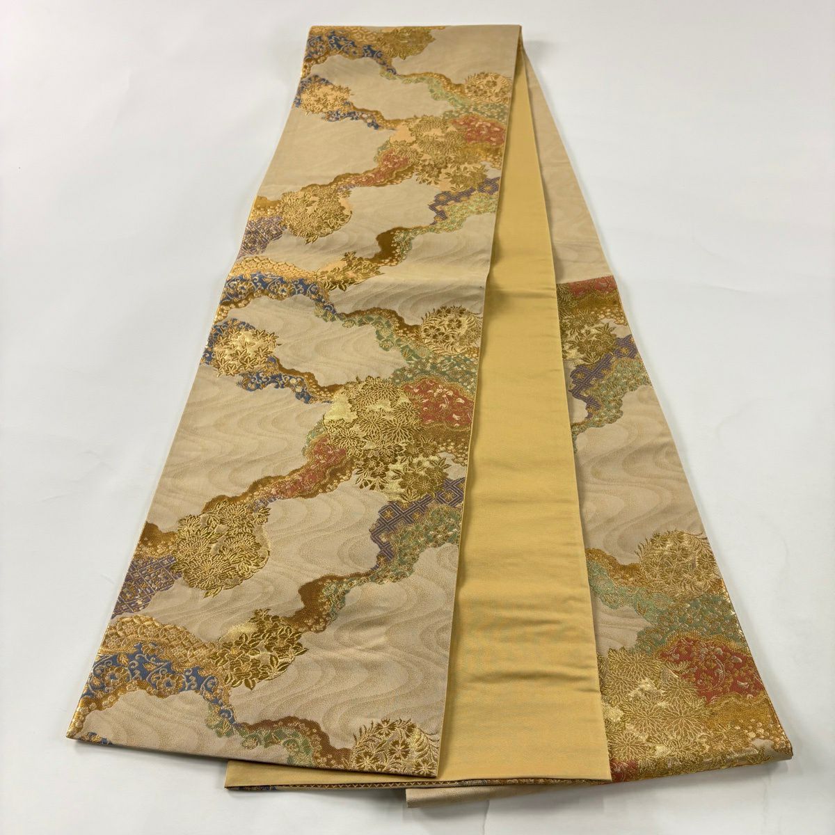 【美品】 袋帶 秀品級 菊花 道長取 金金箔 金絲 金 六通 純蠶絲