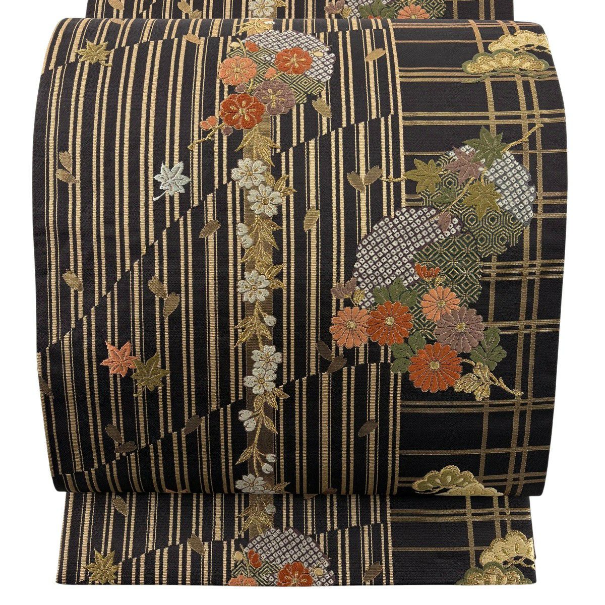 【美品】 袋帶 秀品級 菊花 花紋 縱條 刺繡 金金箔 茶紫 六通 純蠶絲