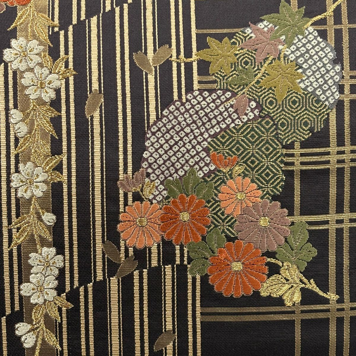 【美品】 袋帶 秀品級 菊花 花紋 縱條 刺繡 金金箔 茶紫 六通 純蠶絲