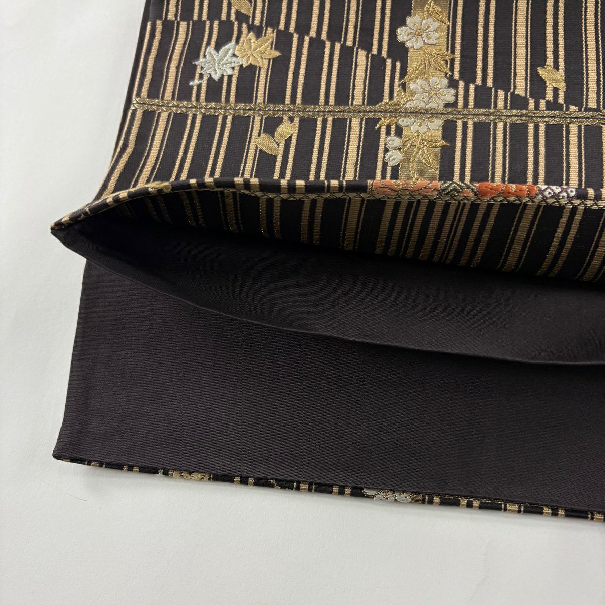 【美品】 袋帶 秀品級 菊花 花紋 縱條 刺繡 金金箔 茶紫 六通 純蠶絲
