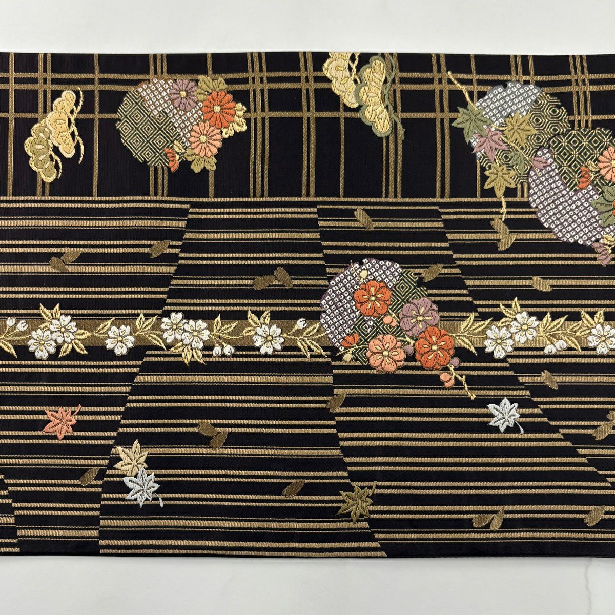 【美品】 袋帶 秀品級 菊花 花紋 縱條 刺繡 金金箔 茶紫 六通 純蠶絲