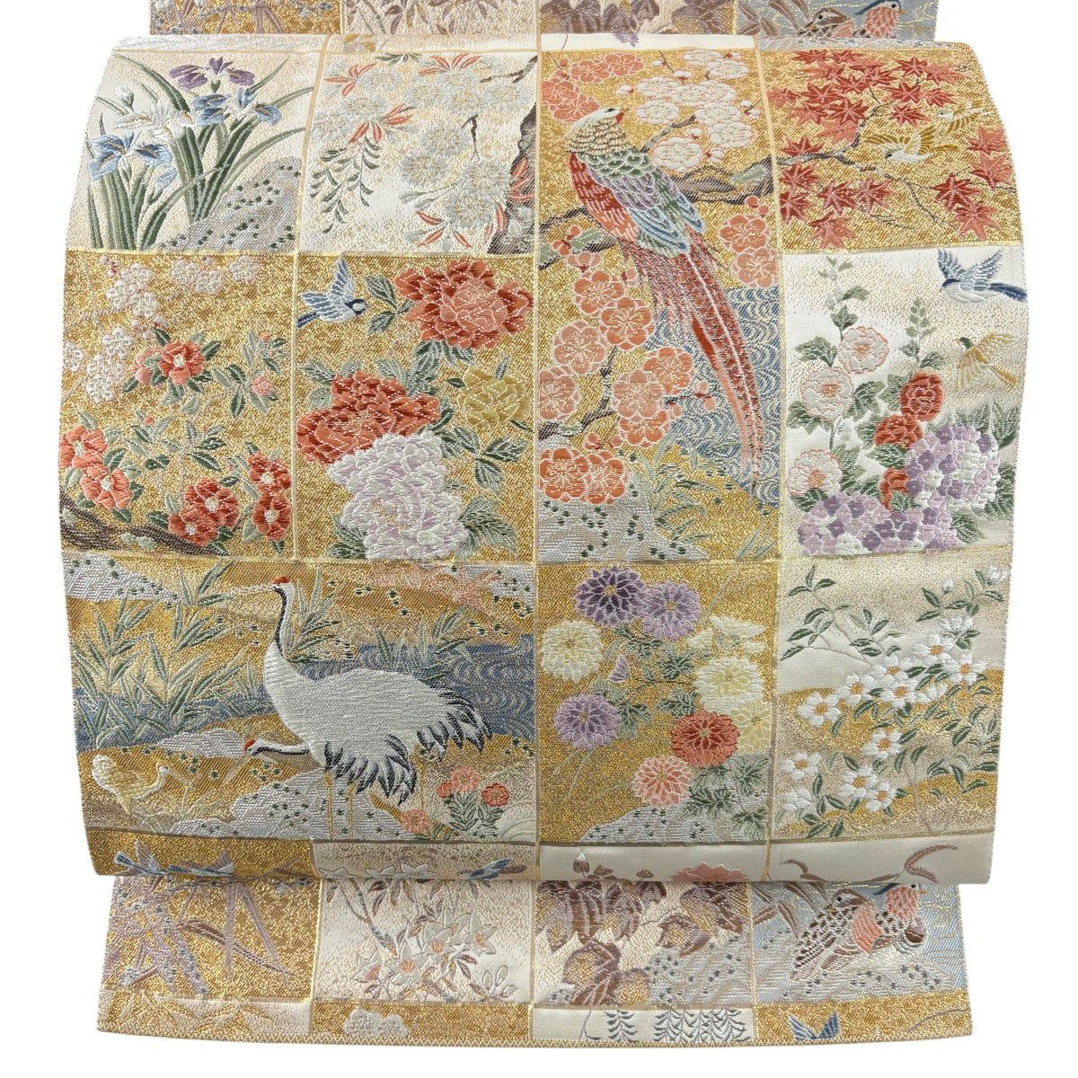 【美品】 袋帶 秀品級 關西仕立 花鳥 格子 金金箔 金絲 奶油 六通 純蠶絲