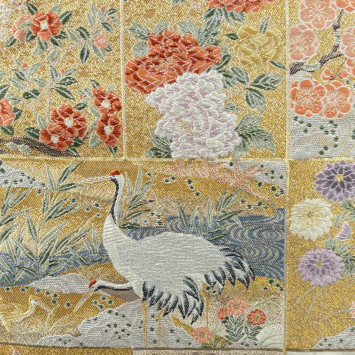 【美品】 袋帶 秀品級 關西仕立 花鳥 格子 金金箔 金絲 奶油 六通 純蠶絲