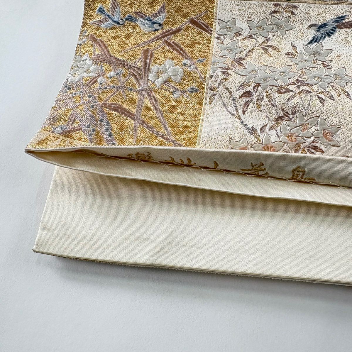 【美品】 袋帶 秀品級 關西仕立 花鳥 格子 金金箔 金絲 奶油 六通 純蠶絲