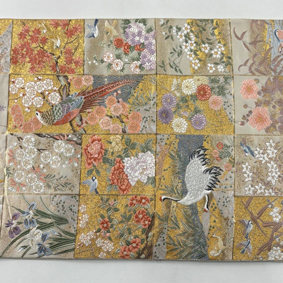 【美品】 袋帶 秀品級 關西仕立 花鳥 格子 金金箔 金絲 奶油 六通 純蠶絲