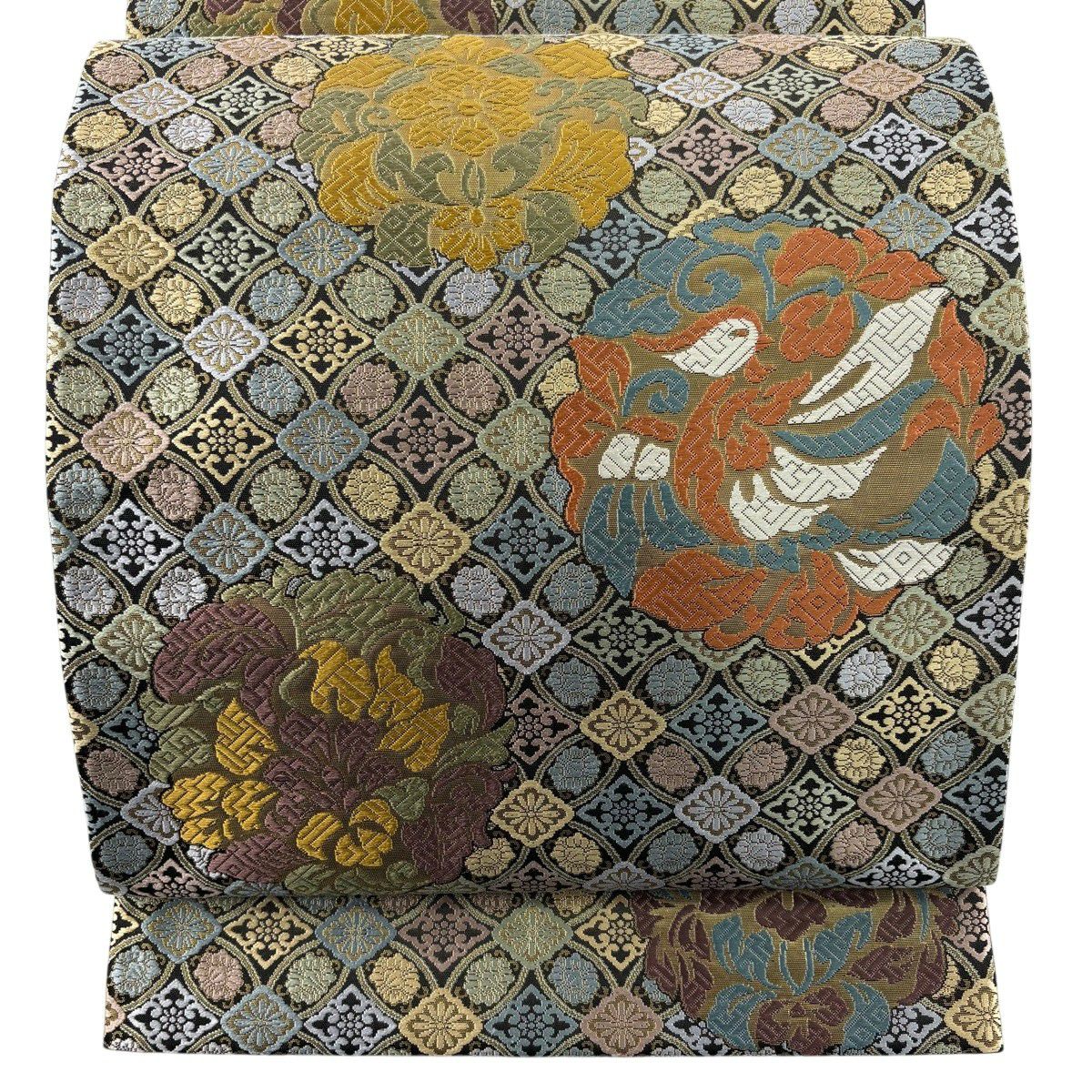 【美品】 袋帶 秀品級 華紋 鳥 金金箔 唐織 黑灰 六通 純蠶絲
