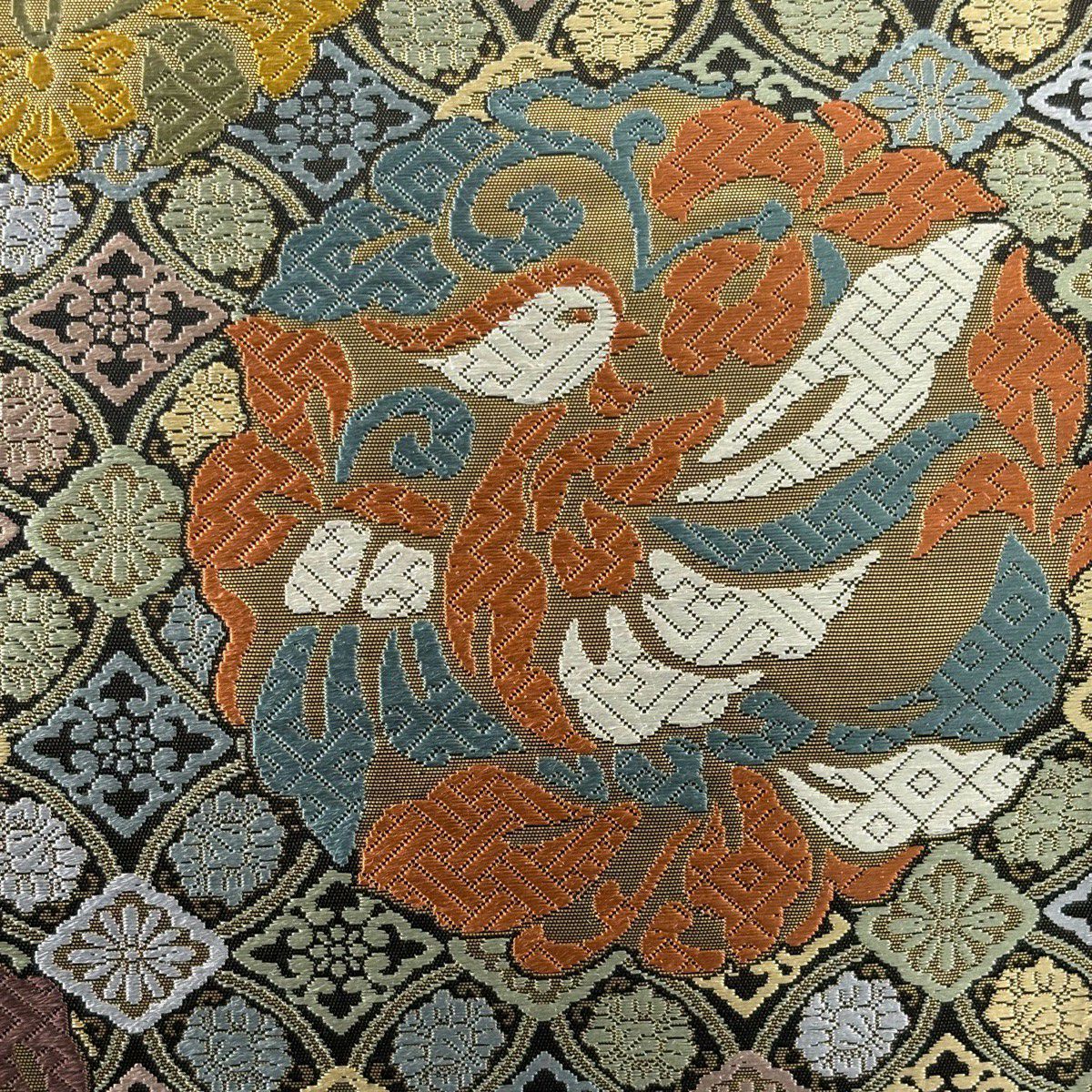 【美品】 袋帶 秀品級 華紋 鳥 金金箔 唐織 黑灰 六通 純蠶絲