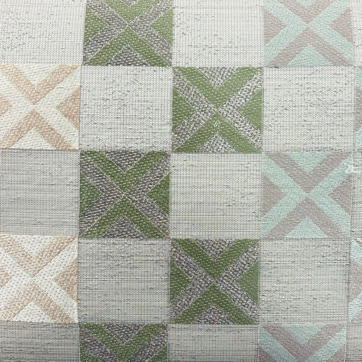 【美品】 袋帶 秀品級 市松樹 幾何學 銀線 刺繡 灰 深藍 六通 純蠶絲