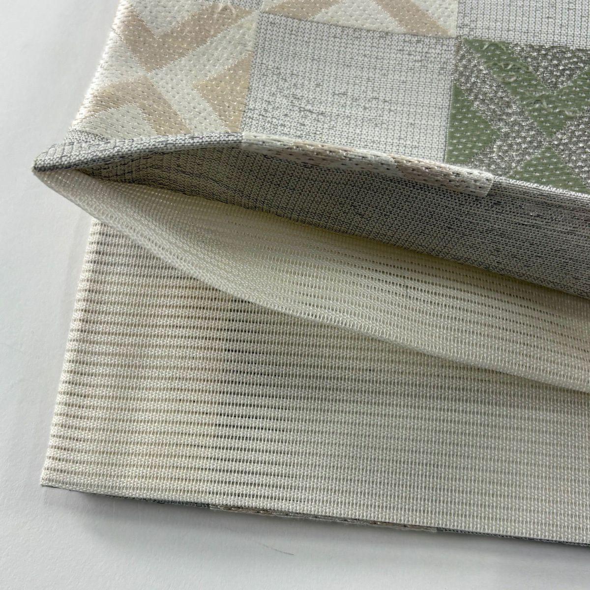【美品】 袋帶 秀品級 市松樹 幾何學 銀線 刺繡 灰 深藍 六通 純蠶絲