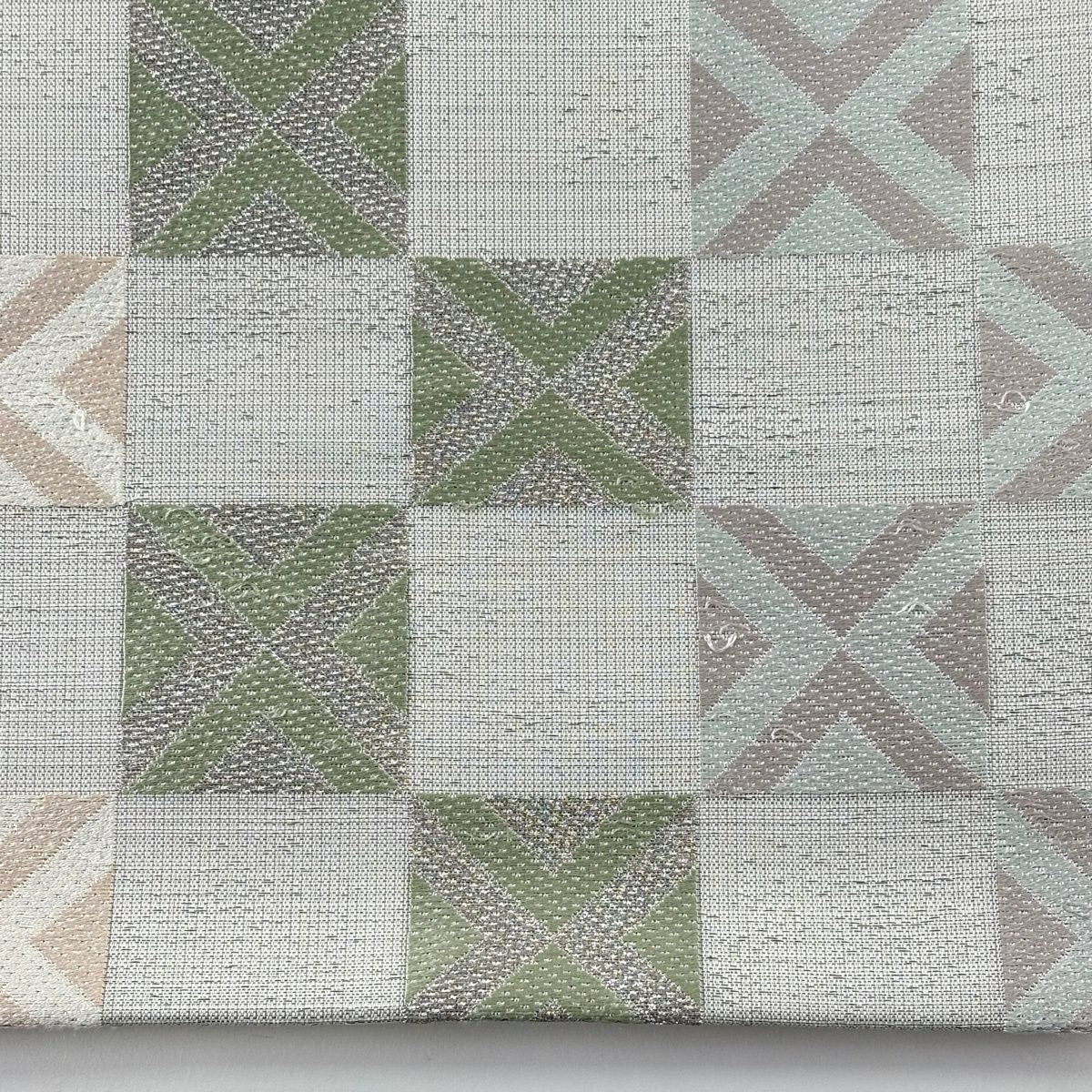 【美品】 袋帶 秀品級 市松樹 幾何學 銀線 刺繡 灰 深藍 六通 純蠶絲
