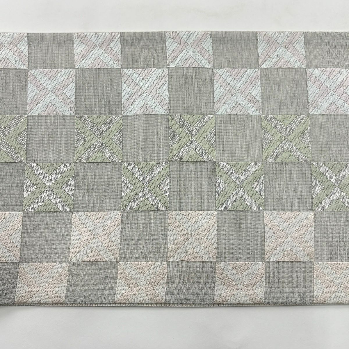 【美品】 袋帶 秀品級 市松樹 幾何學 銀線 刺繡 灰 深藍 六通 純蠶絲