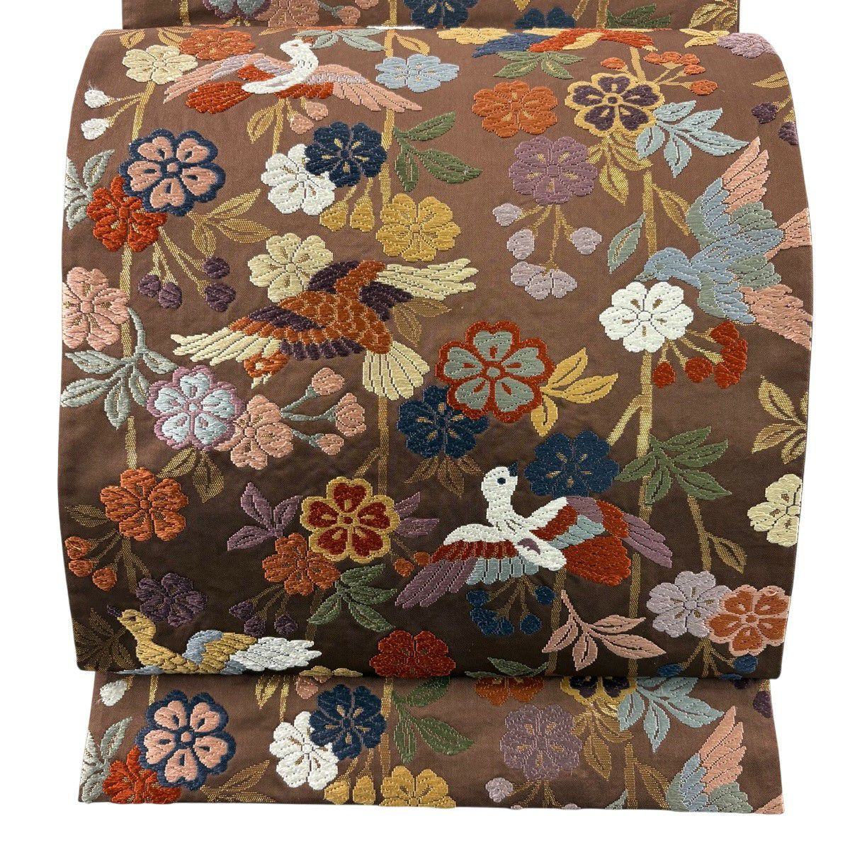 【美品】 袋帶 秀品級 樱花 鳥 唐織 金金箔 茶 六通 純蠶絲
