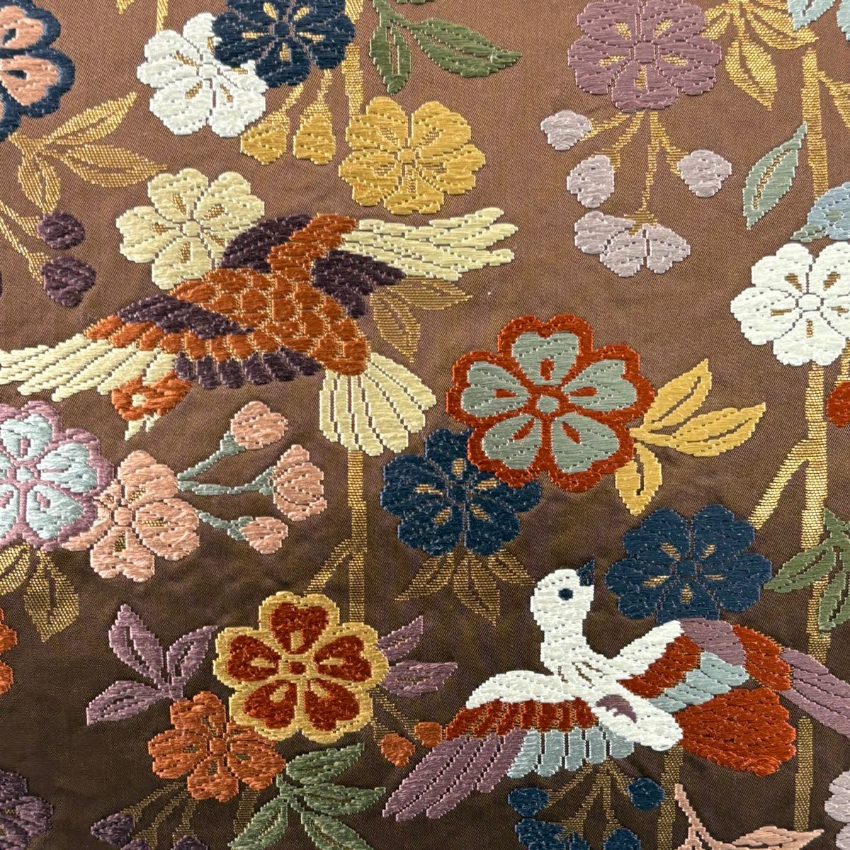 【美品】 袋帶 秀品級 樱花 鳥 唐織 金金箔 茶 六通 純蠶絲