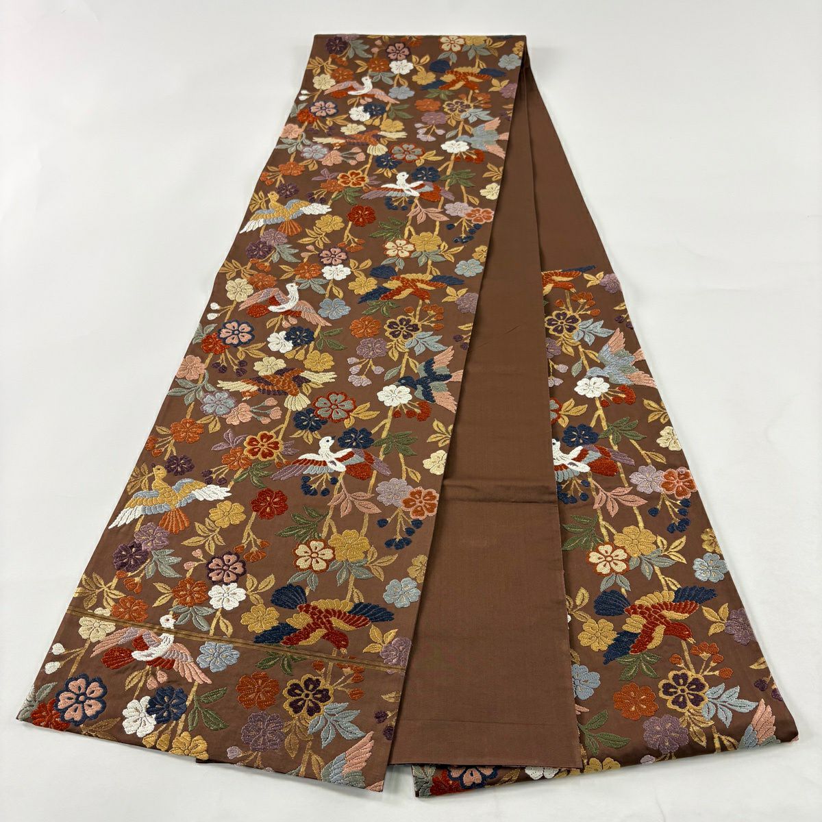 【美品】 袋帶 秀品級 樱花 鳥 唐織 金金箔 茶 六通 純蠶絲