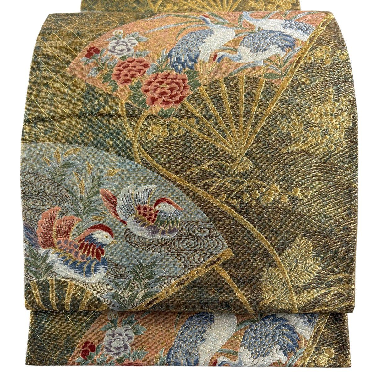袋帶 秀品級 扇子子 花鳥 刺繡 金線 茶綠 六通 純蠶絲
