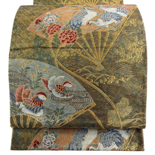袋帶 秀品級 扇子子 花鳥 刺繡 金線 茶綠 六通 純蠶絲