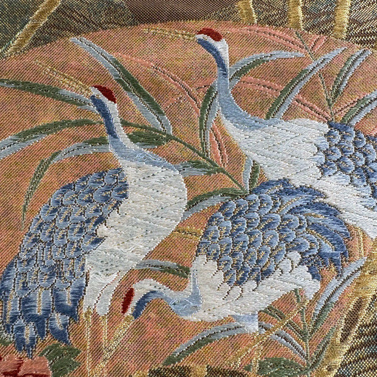 袋帶 秀品級 扇子子 花鳥 刺繡 金線 茶綠 六通 純蠶絲