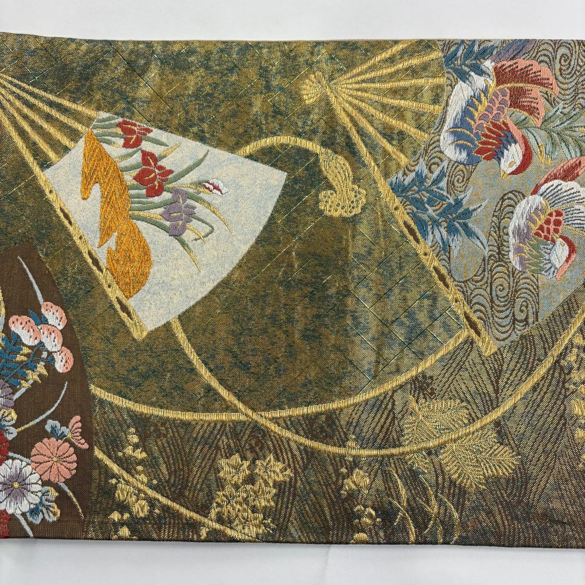 袋帶 秀品級 扇子子 花鳥 刺繡 金線 茶綠 六通 純蠶絲