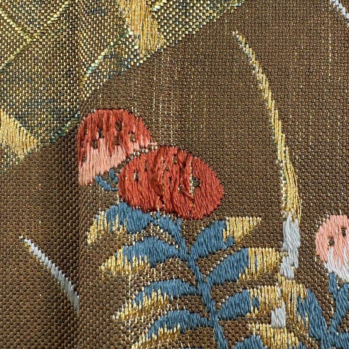 袋帶 秀品級 扇子子 花鳥 刺繡 金線 茶綠 六通 純蠶絲