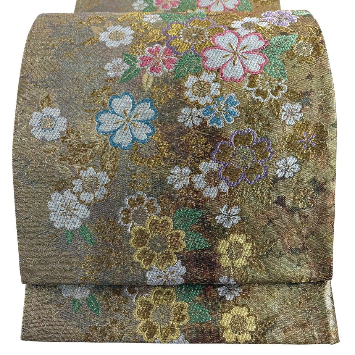 【美品】 袋帶 秀品級 樱花 金絲 刺繡 茶 六通 純蠶絲