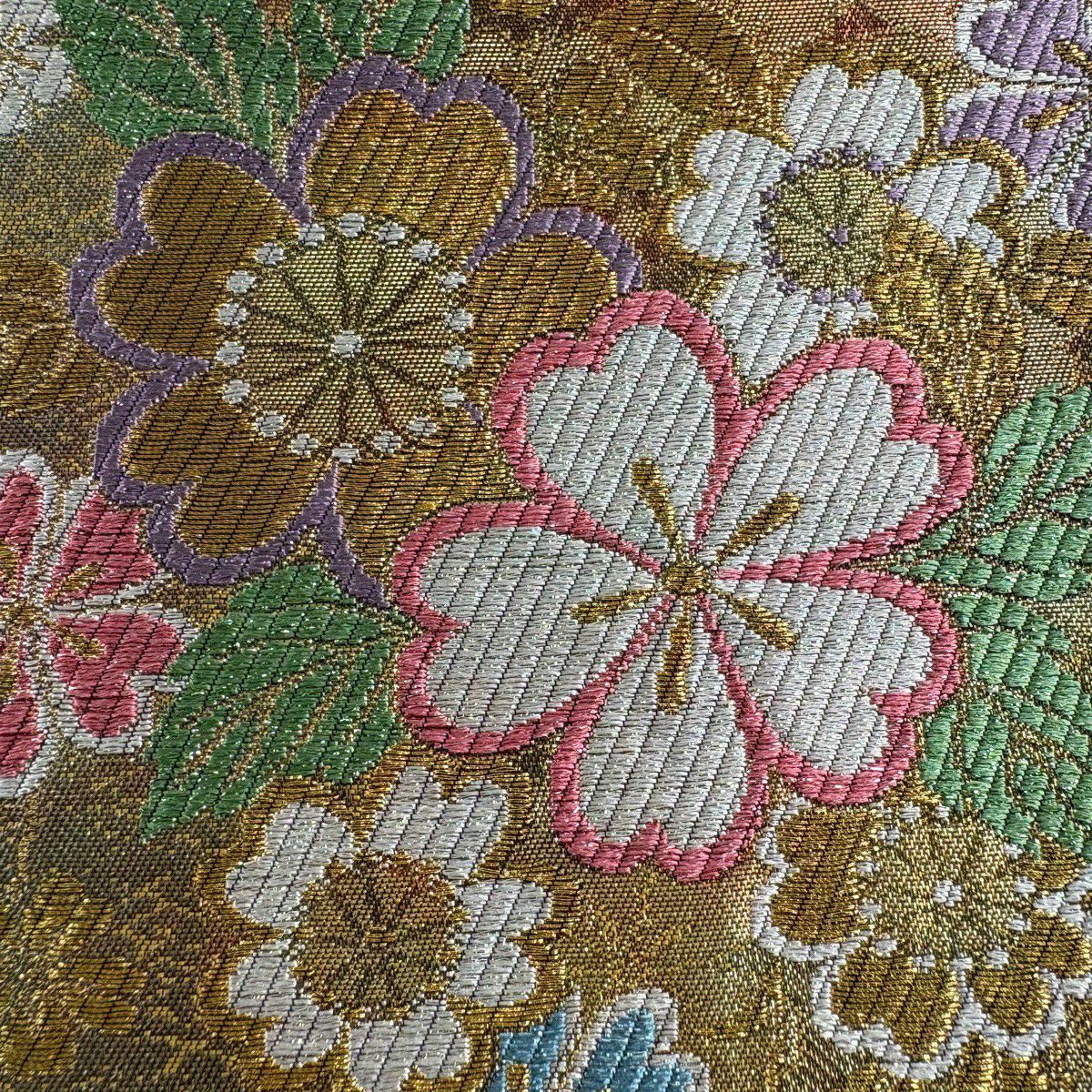 【美品】 袋帶 秀品級 樱花 金絲 刺繡 茶 六通 純蠶絲