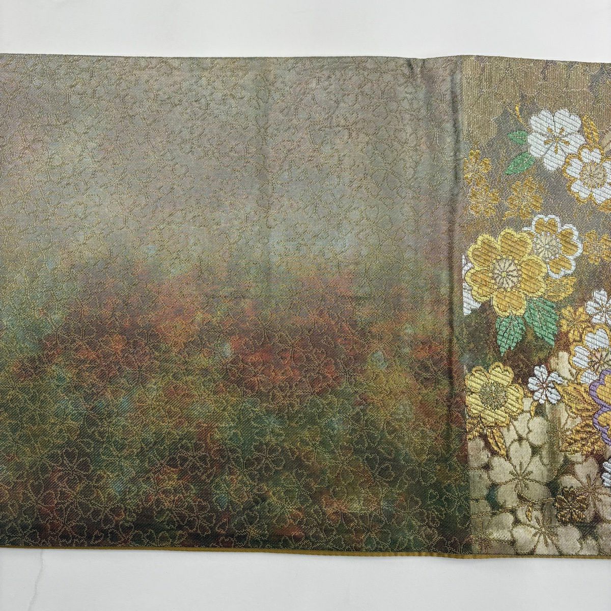 【美品】 袋帶 秀品級 樱花 金絲 刺繡 茶 六通 純蠶絲