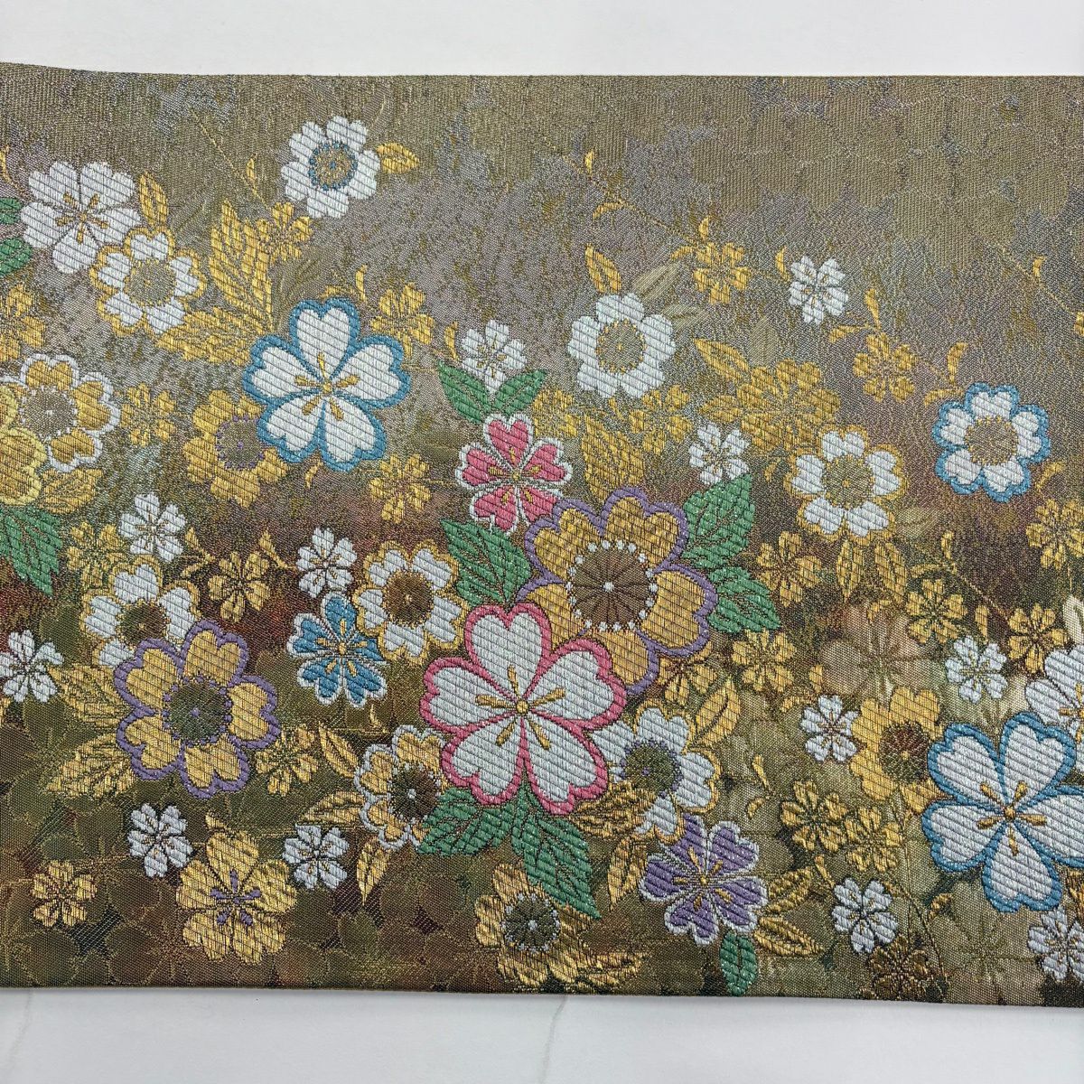 【美品】 袋帶 秀品級 樱花 金絲 刺繡 茶 六通 純蠶絲