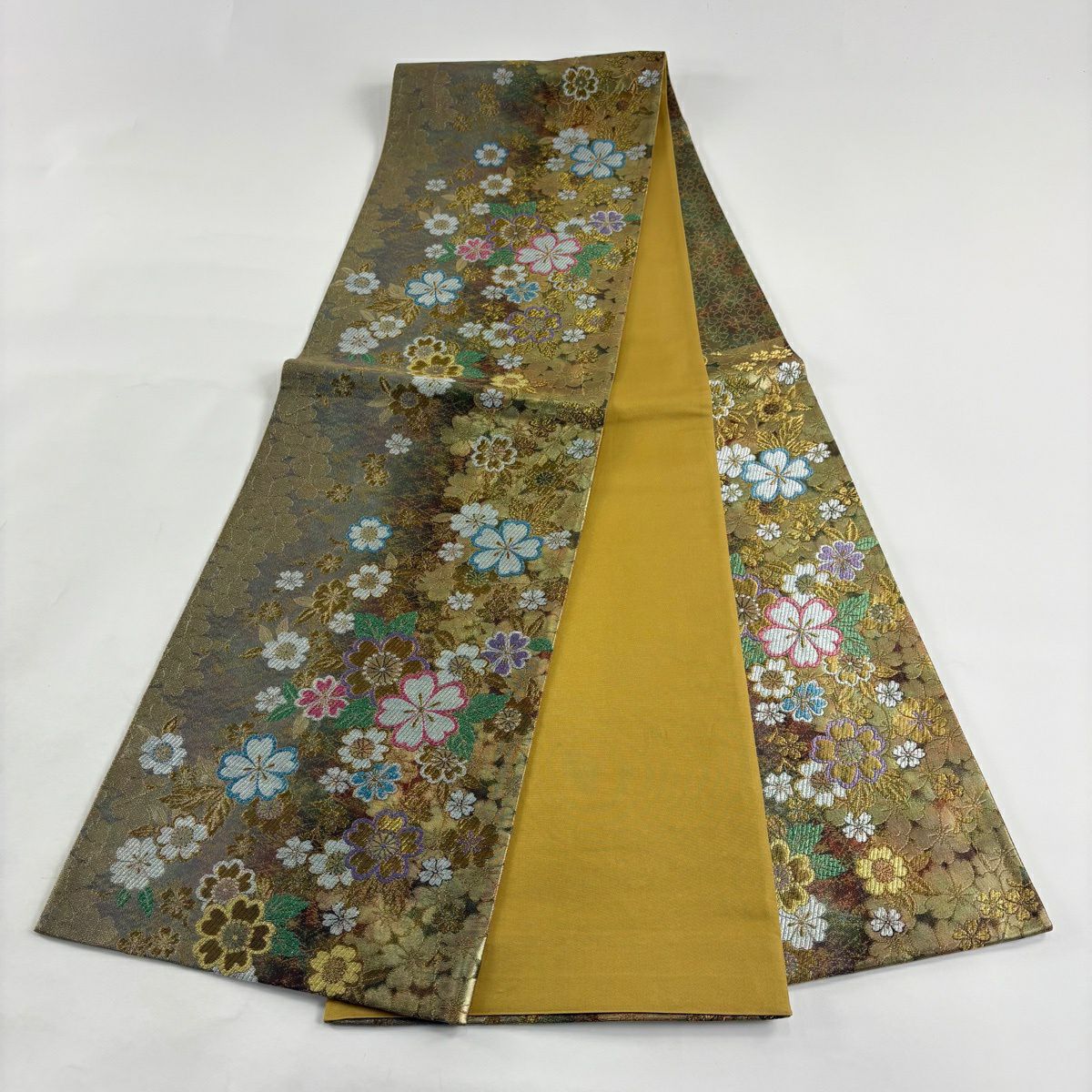 【美品】 袋帶 秀品級 樱花 金絲 刺繡 茶 六通 純蠶絲