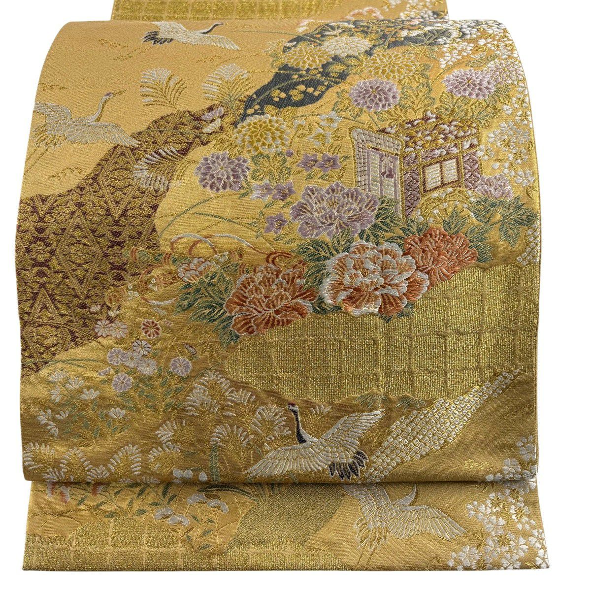 【美品】 袋帶 秀品級 御所車 花鳥 刺繡 金線 淺黃土色 六通 純蠶絲