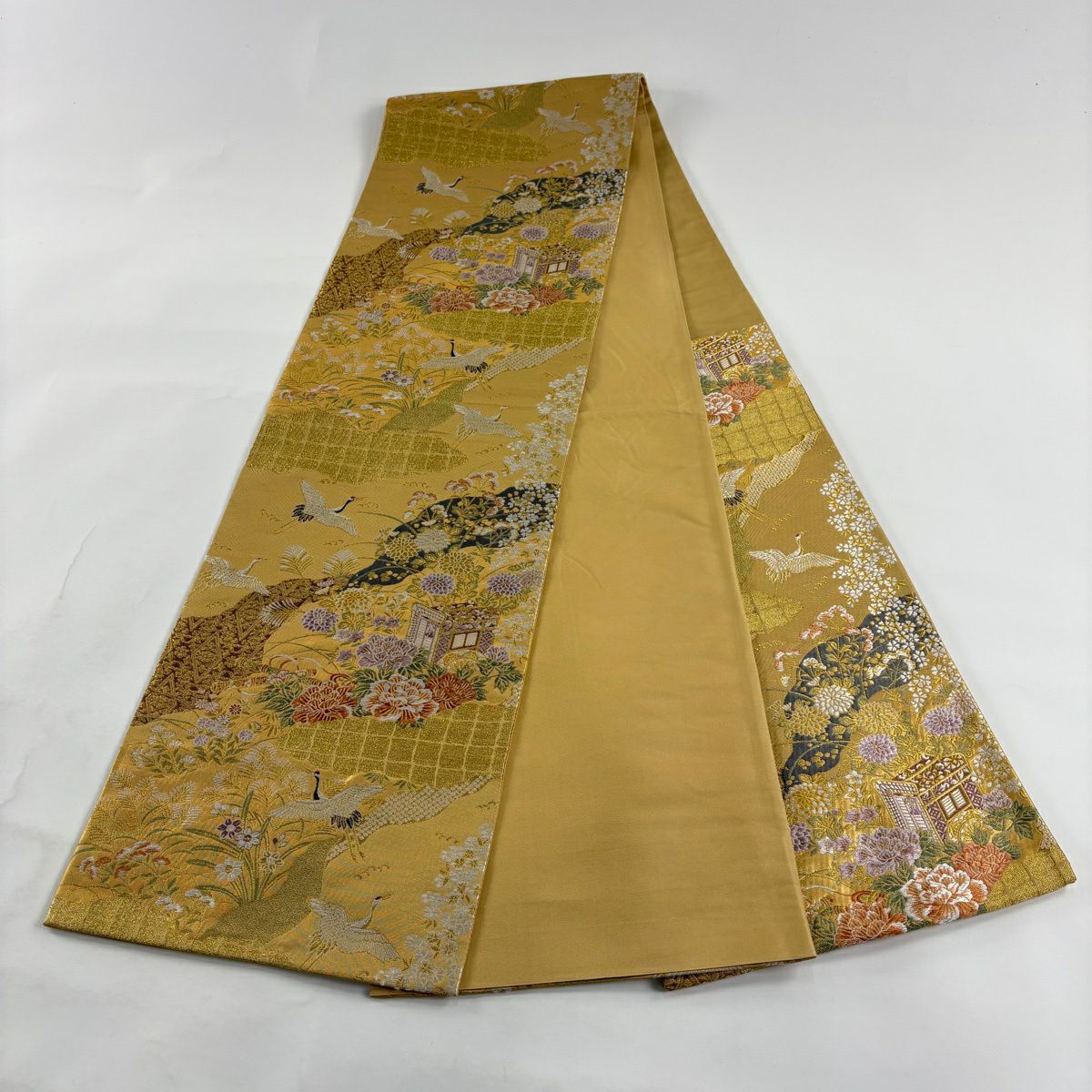 【美品】 袋帶 秀品級 御所車 花鳥 刺繡 金線 淺黃土色 六通 純蠶絲