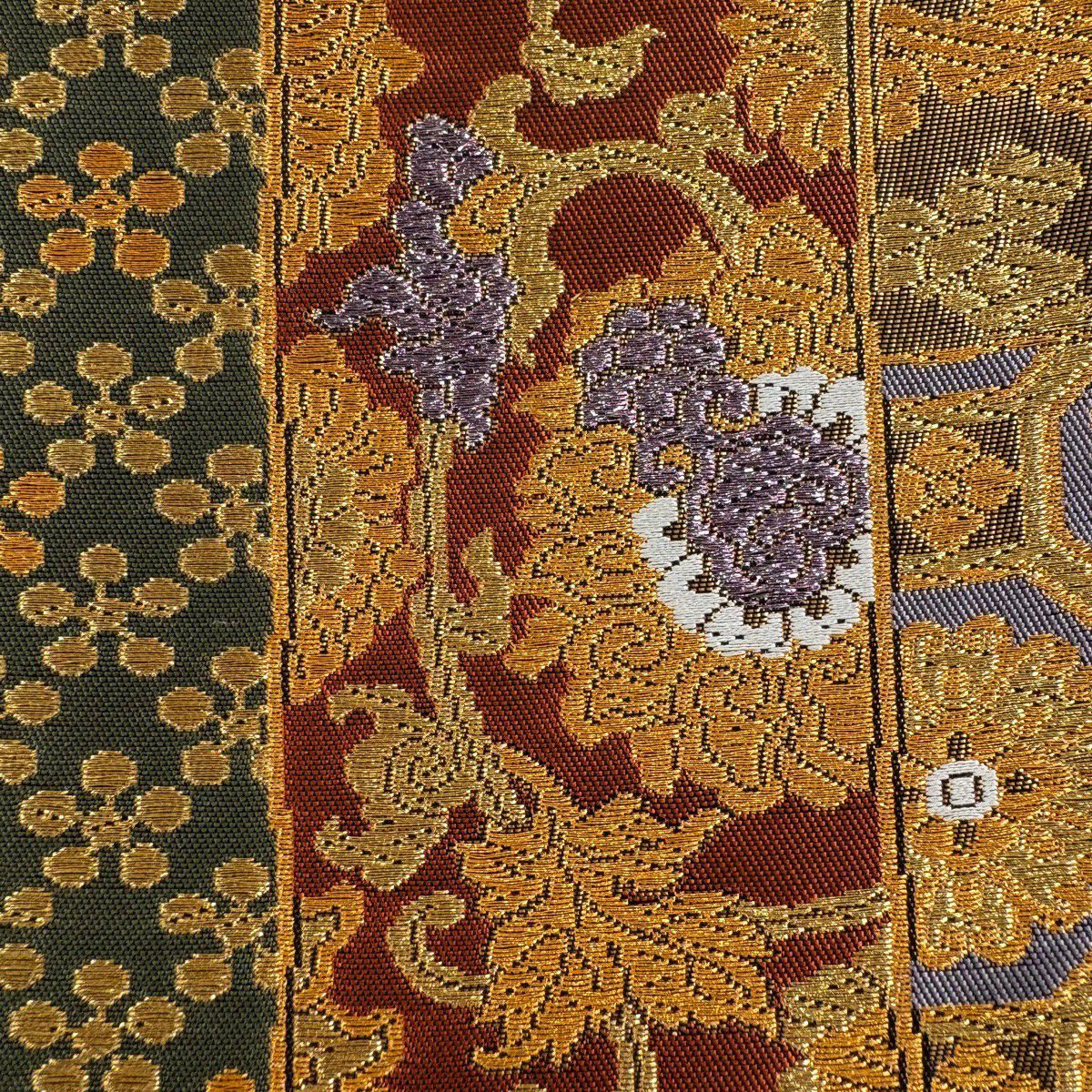 袋帶 秀品級 花唐草紋 仙鶴 金絲 金金箔 金色 六通 純蠶絲