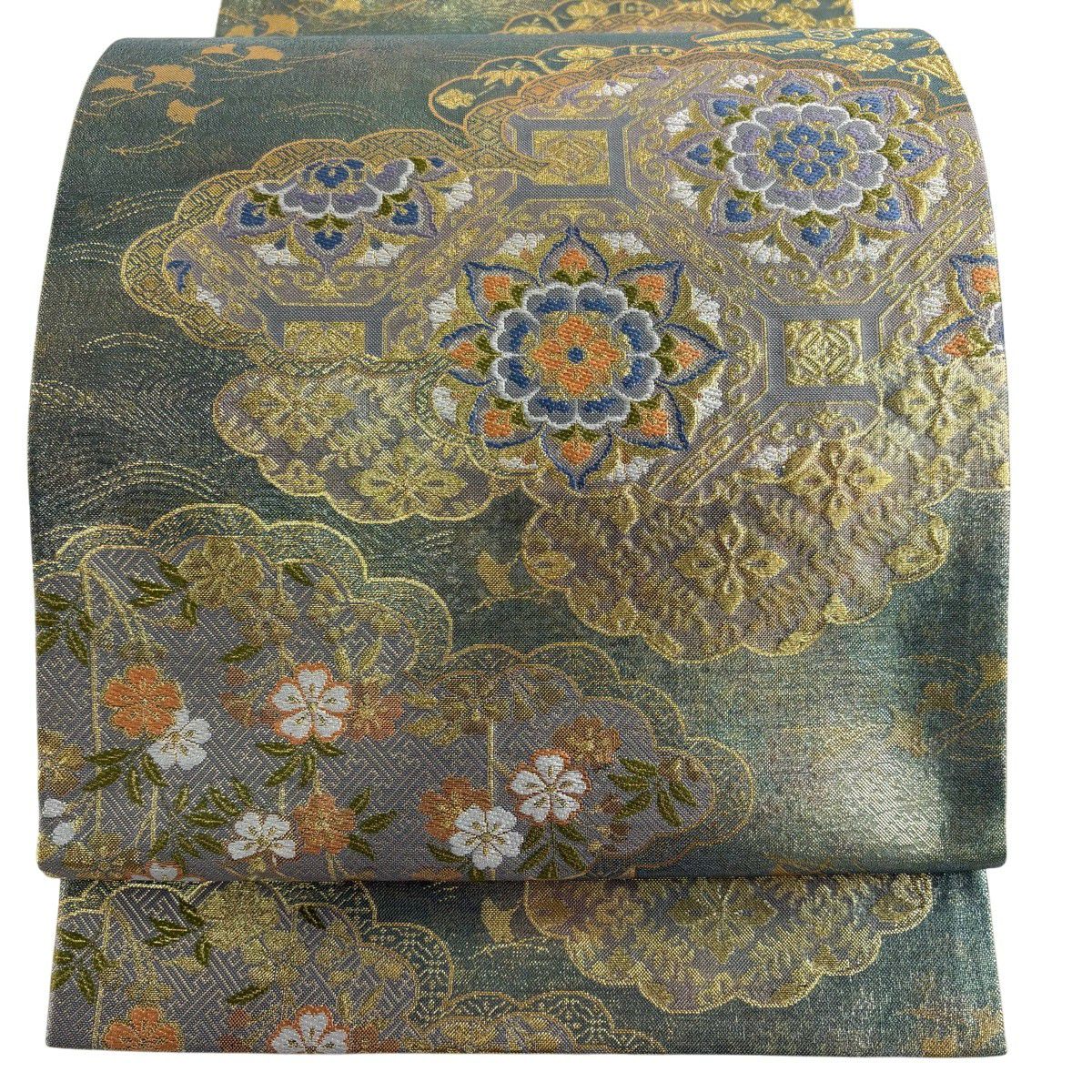 【美品】 袋帶 秀品級 蜀江華紋 雲文 金絲 刺繡 灰綠 六通 純蠶絲