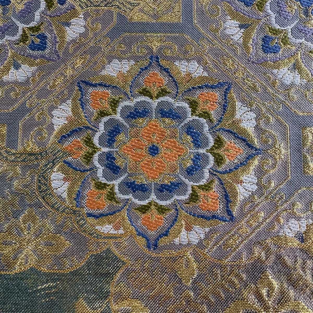 【美品】 袋帶 秀品級 蜀江華紋 雲文 金絲 刺繡 灰綠 六通 純蠶絲