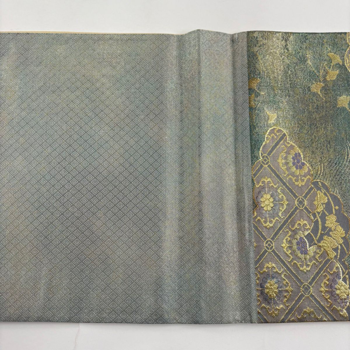 【美品】 袋帶 秀品級 蜀江華紋 雲文 金絲 刺繡 灰綠 六通 純蠶絲