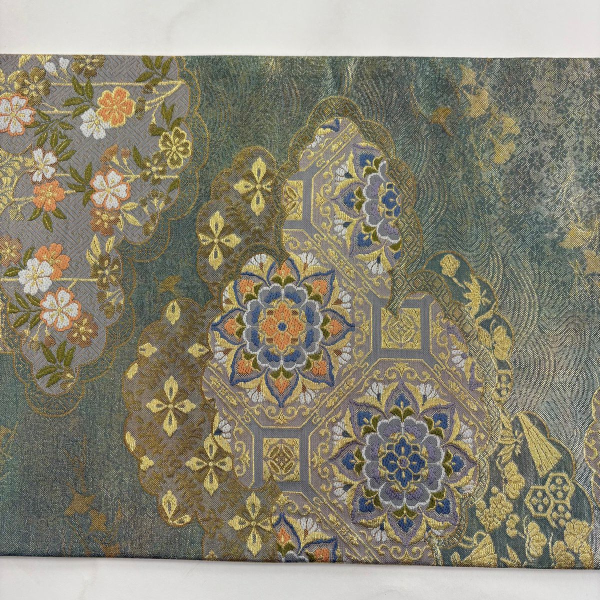 【美品】 袋帶 秀品級 蜀江華紋 雲文 金絲 刺繡 灰綠 六通 純蠶絲
