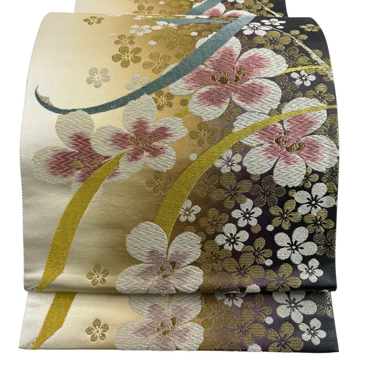 【美品】 袋帶 秀品級 花 梅花 刺繡 金金箔 山吹茶 六通 純蠶絲