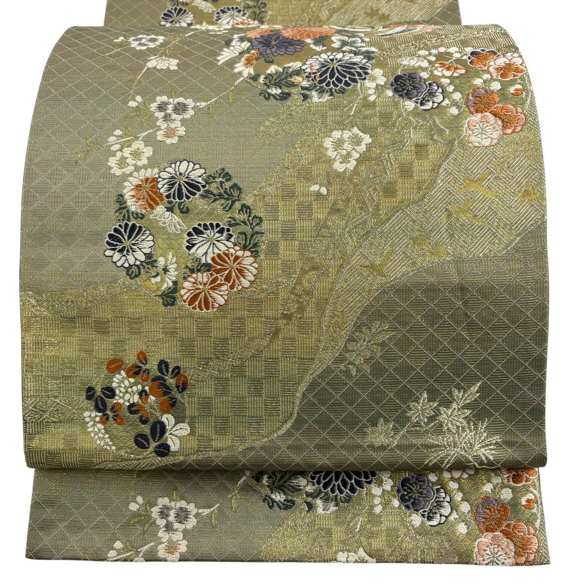 袋帶 秀品級 花丸紋 櫻花 刺繡 金絲 灰綠 六通 純蠶絲