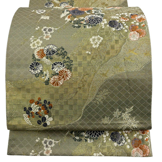 袋帶 秀品級 花丸紋 櫻花 刺繡 金絲 灰綠 六通 純蠶絲